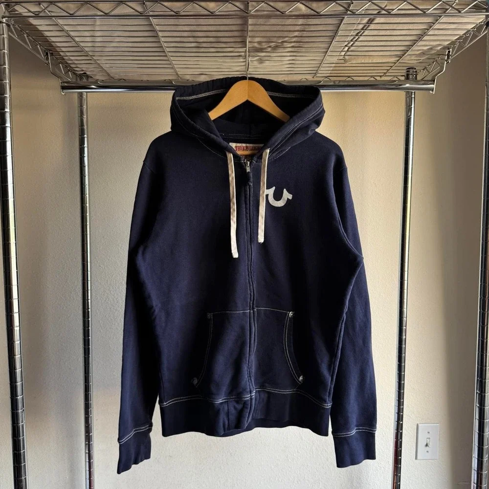 True Religion Navy Zip Up Hoodie World Tour Buddha Graphic XL Contrast Stitching